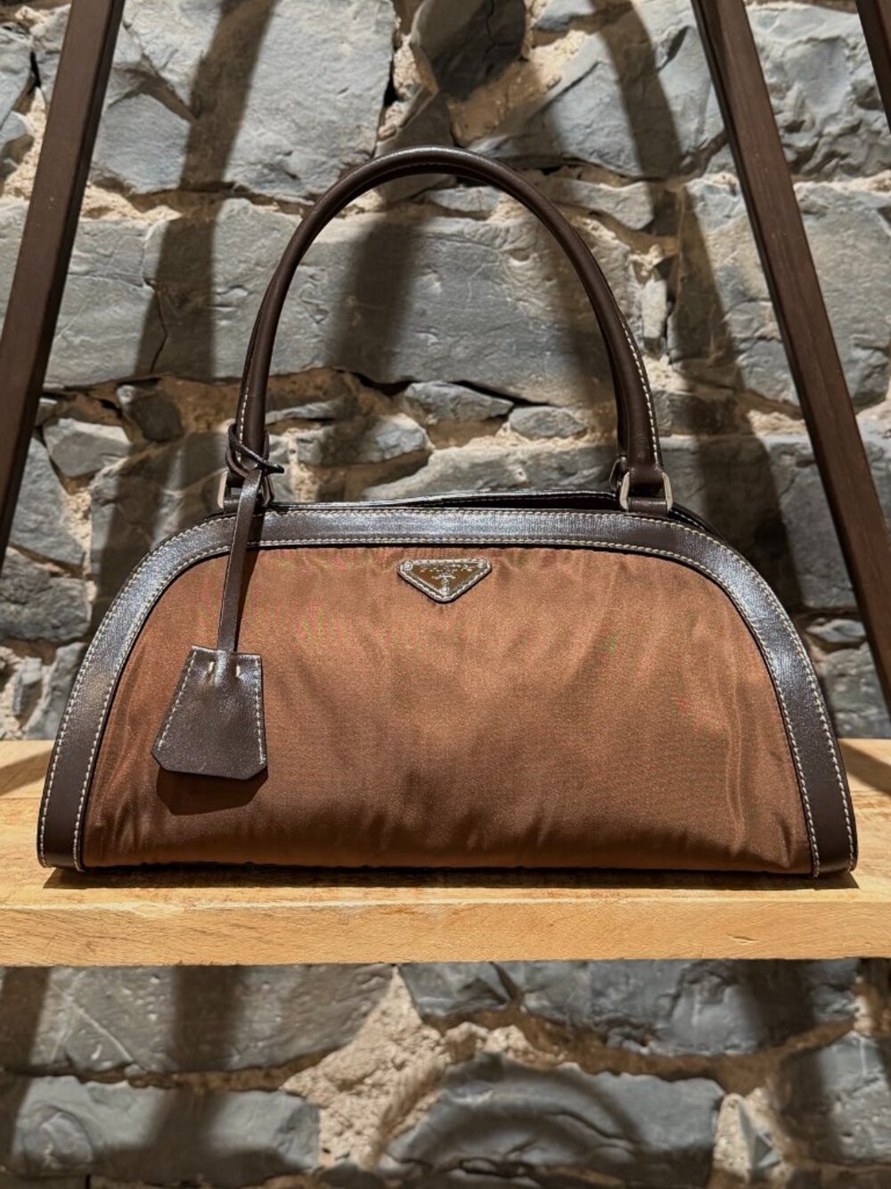 Prada Vintage Brown Tessuto Leather Trimmed Bauletto Bag